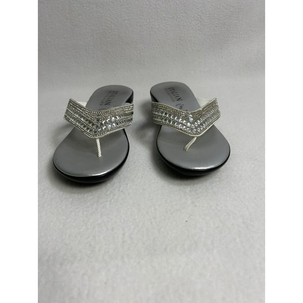 Glam Italian Shoemakers Womens 8 Silver Rhinestone Crystal Wedge Thong Sandals